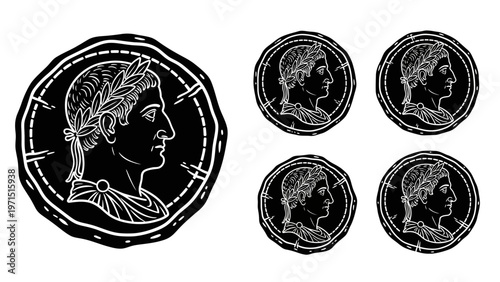 Ancient Roman Coins with Emperor Portrait, History and Numismatics Concept
