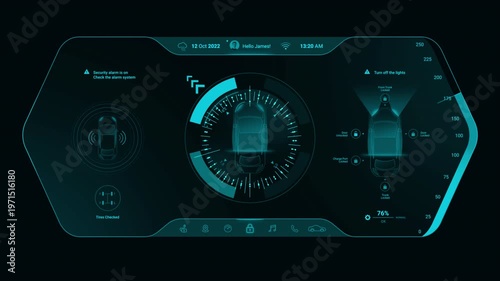 Futuristic smart car HUD dashboard with central digital interface and vehicle monitoring system, glowing blue sci fi automotive UI, autonomous driving control panel design