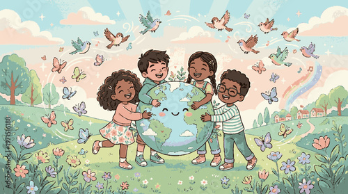 Children holding a globe surrounded by butterflies and birds in a lush green meadow under a sky of fluffy clouds