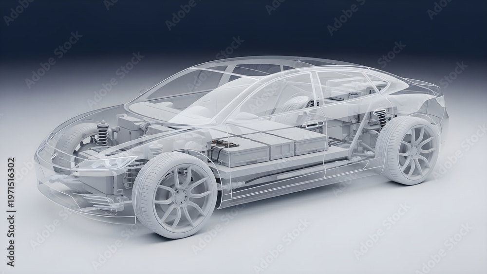 Naklejka premium A transparent car chassis with wheels and engine is shown in a studio.