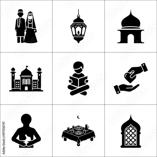 Minimalist black and white grid of household and sewing items in bold silhouette style.