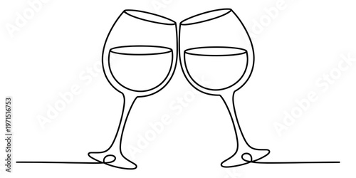 Minimalist continuous line drawing of two wine glasses clinking together for a festive celebration Vector, illustration