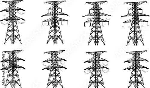 Electric power transmission tower silhouettes set, high voltage pylons collection, energy infrastructure engineering structures, industrial grid icons, cad drawing flat vector illustration