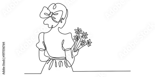 Minimalist continuous line drawing of a young woman holding a bouquet of small daisy flowers Vector, illustration