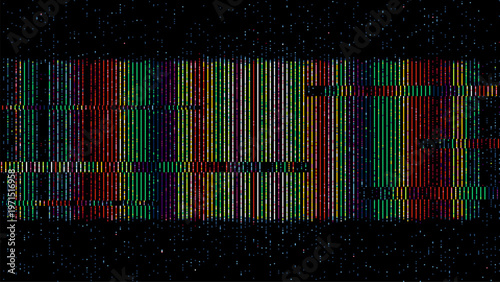Glitch background with colorful distorted vertical lines. Digital interference effect or signal noise on dark screen. Abstract technology pattern for modern web design or computer art.