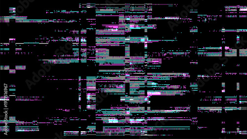Glitch background with distorted digital electronic noise. Abstract signal interference with vibrant horizontal patterns. Cyberpunk technology texture for motion graphic and web design.