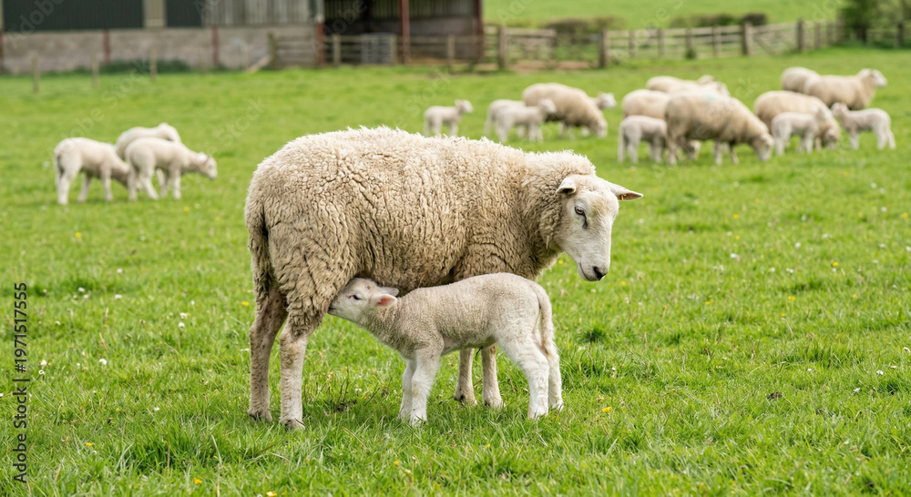 Fototapeta premium White sheep nursing baby lamb spring portrait