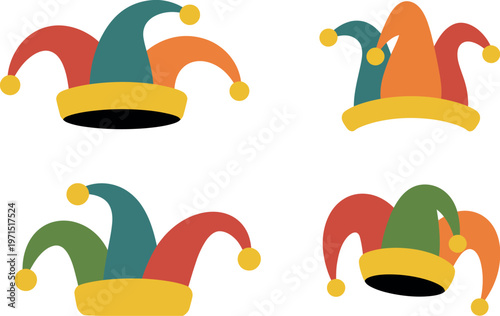 Jester hat collection for carnival featuring colorful clown headwear and medieval joker hats festive vector illustration