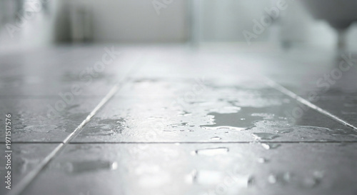 Puddles on grey tiled bathroom floor detail