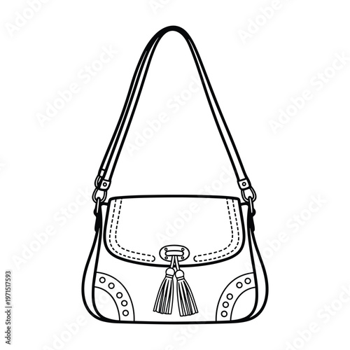 Line drawing of a fashionable woman shoulder bag with decorative tassels and studded details