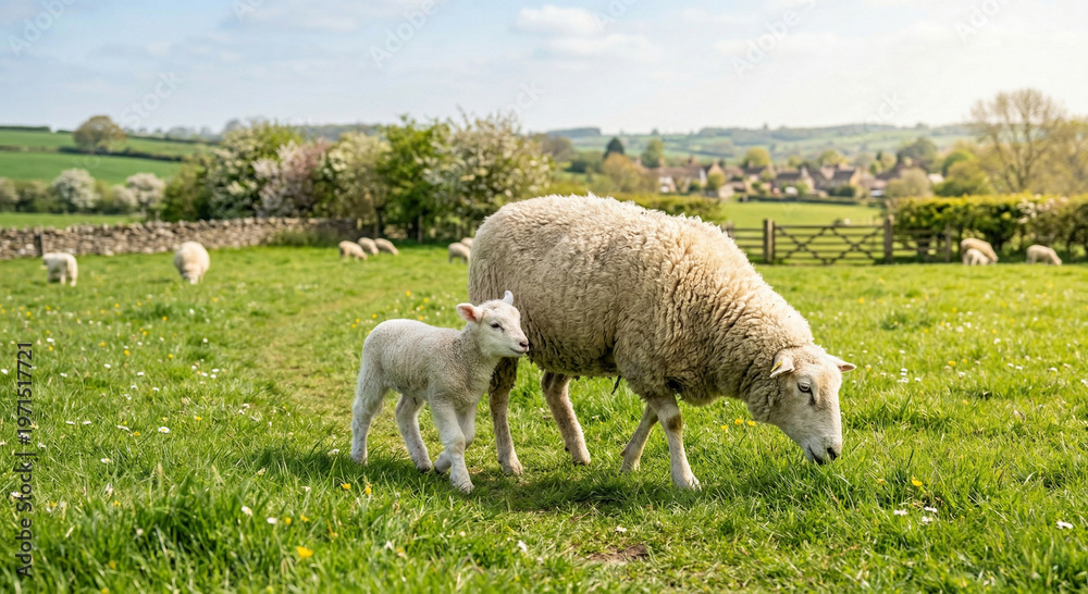 Fototapeta premium Ewe and lamb walking spring landscape