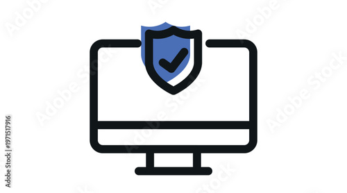 Secure computer protection icon: desktop PC with security shield, fintech blue offset fill and black line vector illustration.