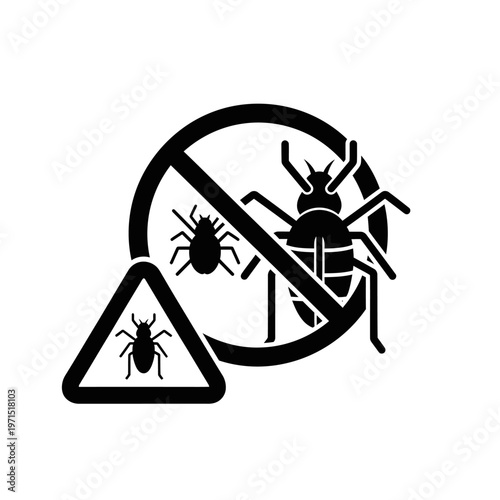Bed Bug Infestation Warning Icon and No Insects Prohibition Sign