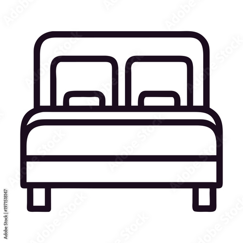 Illustration of a double bed with pillows and a headboard, depicted as a simple line drawing on a, suitable for use as an icon or graphic element