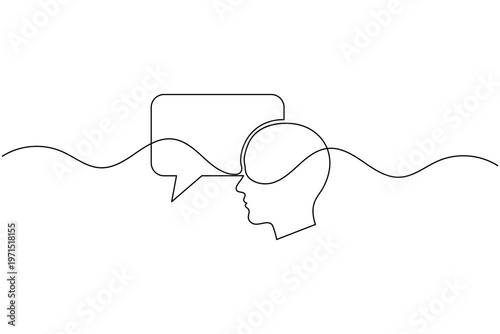 Human Head with Speech Bubble Continuous One Line Drawing Minimalist Chat Message Thinking Outline Vector Illustration