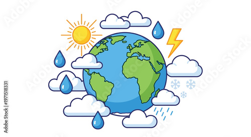 A colorful illustration of the Earth surrounded by various weather conditions including sun clouds rain snow and lightning