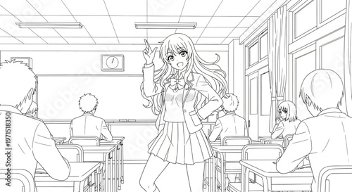 Anime School Girl Standing in Classroom Line Art Coloring Page