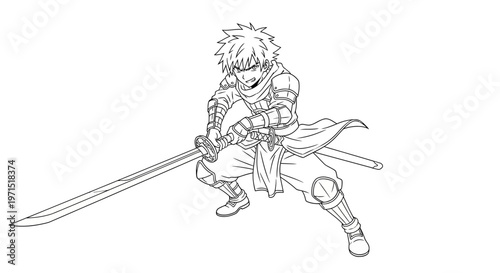 Anime Warrior Character Holding a Katana Sword Line Art