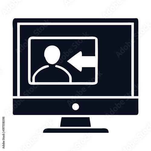A dark blue icon shows a computer monitor with a person icon and an arrow pointing to the left, representing logging out or exiting a user profile on a digital device