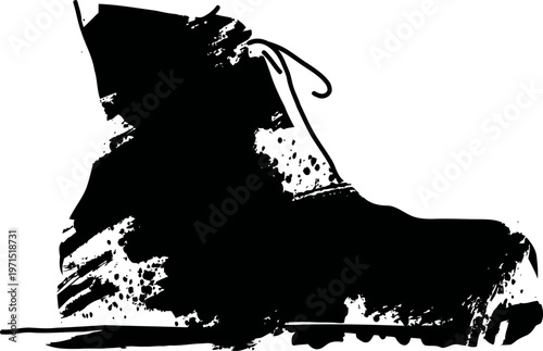 Black hiking boot silhouette with laces, textured outdoor footwear illustration isolated on white
