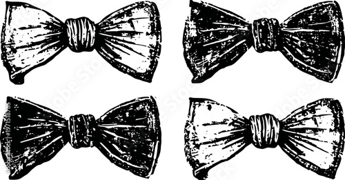 Vintage bow ties set hand drawn black and white fashion accessories illustration with four different textured bows