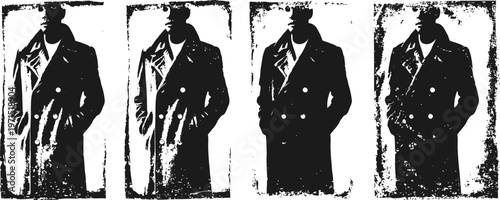 vintage men's trench coats in black and white, retro fashion apparel from early 20th century
