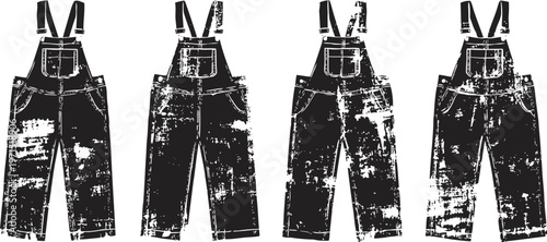 Four distressed overalls with adjustable straps and worn fabric design