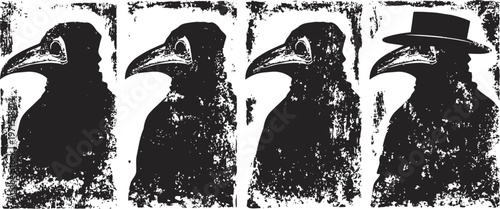 Four vintage plague doctor illustrations showing progression from traditional bird mask to the figure wearing a hat