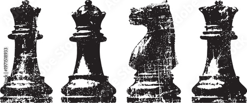 grunge black chess pieces set with king, queen, knight, and rook silhouettes