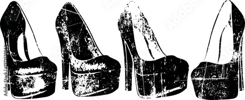 High heel platform shoes set with worn texture women footwear collection with elegant and design variations