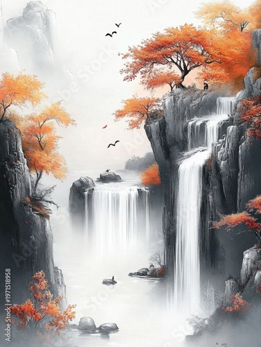 Serene Waterfall in Autumn Mountains