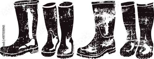 Rustic grunge rubber boots set, waterproof footwear for outdoor work and rainy weather protection