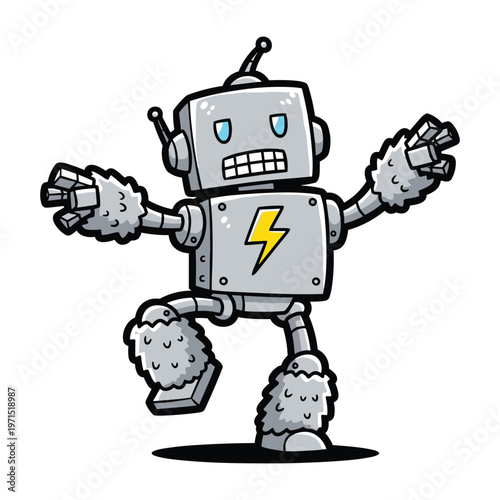 A cute cartoon robot with a lightning bolt on its chest is dancing and waving its arms.