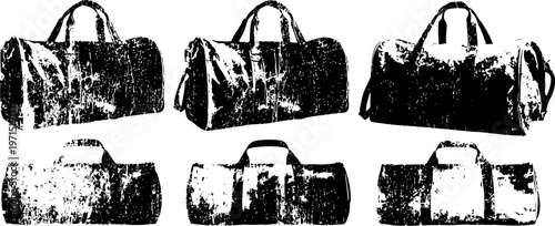 set of black and white duffel bags isolated on white background in various angles and views