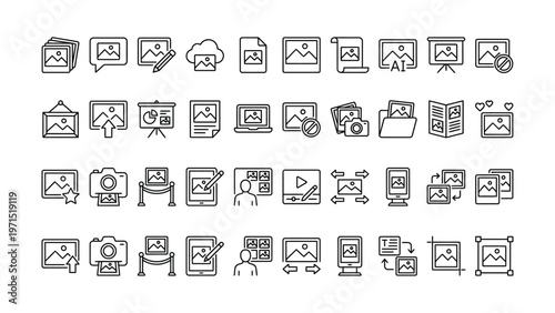Set of 30 outline icons related to picture, image. Linear icon collection. Editable stroke. Vector illustration
