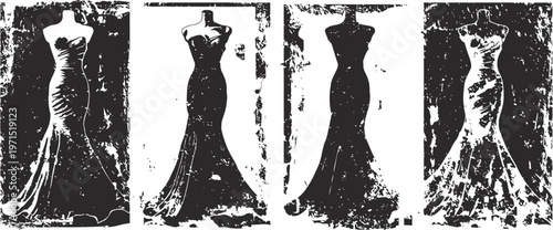 Elegant evening gowns silhouettes on mannequins fashion display with four different dresses