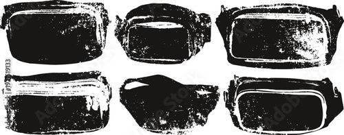 Set of six black rectangular grunge rubber stamp textures with distressed edges and rough surfaces