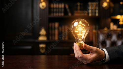 Hand holding glowing golden light bulb with justice scale symbol, law office background, legal innovation, creative idea, inspiration, wisdom, and knowledge concept