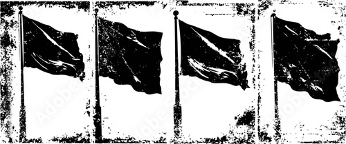 Waving flags on poles with distressed texture background in monochrome