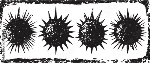 Four grunge spiky sun icons in black with distressed texture in rectangular frame