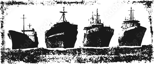 Silhouettes of four ships lined up with visible masts on a textured grunge background