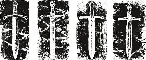 grunge medieval sword silhouettes with distressed textured backgrounds, vintage weapon symbols set