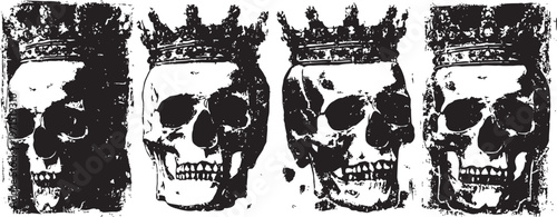 Four grunge skulls wearing crowns in distressed black and white