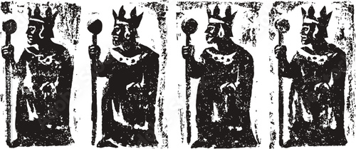 four antique king chess pieces in black and white silhouette