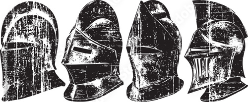 Medieval steel helmets set with distressed texture, vintage armor protection for knights and warriors