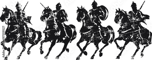 Four medieval knights on horseback, armed with lances and shields, vintage grunge silhouette