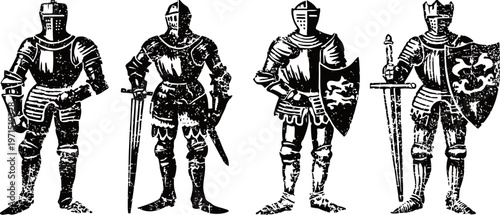 Medieval knights in armor with swords and shields standing in battle pose silhouette