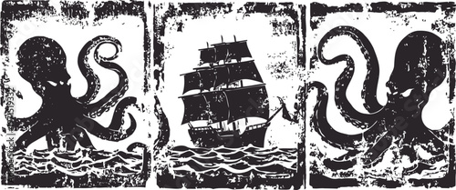 Vintage nautical illustration of octopus attacking sailing ship in ocean waves