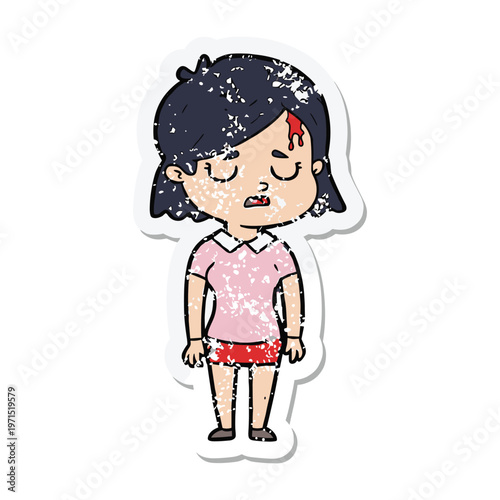 Distressed sticker of a cartoon girl with a bleeding head injury looking sad and tired.
