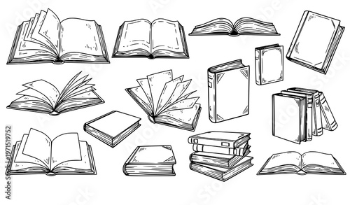 Book sketch collection hand drawn open closed stacked books outline vector isolated on white